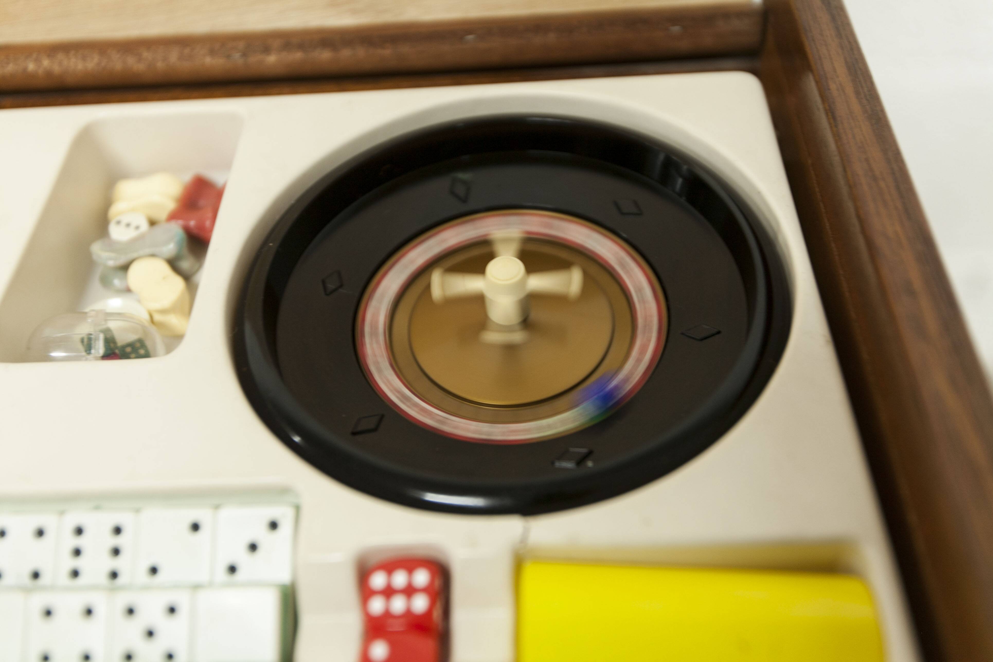 Unique 1960s bedside table with 15 complete games, compass legs, 1960s