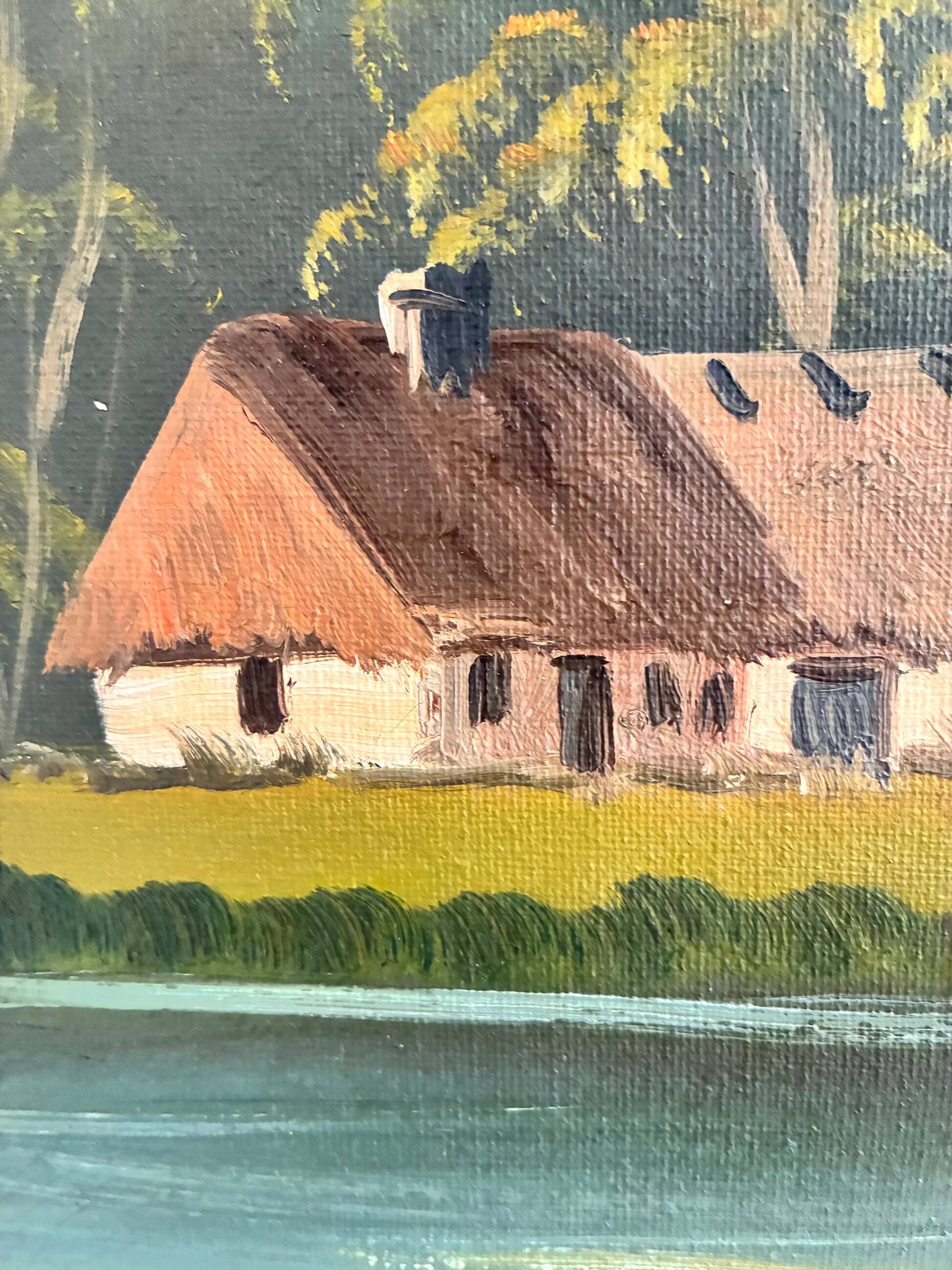 Vintage signed cottage lake landscape oil painting