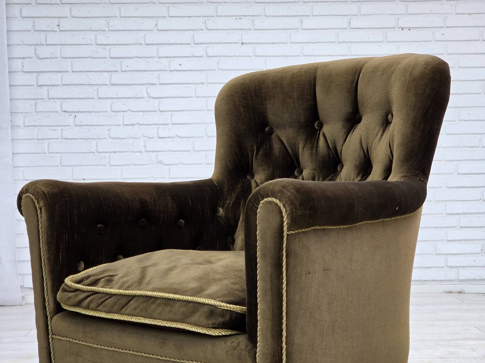 1950s, Scandinavian armchair, green furniture velour, ash wood.