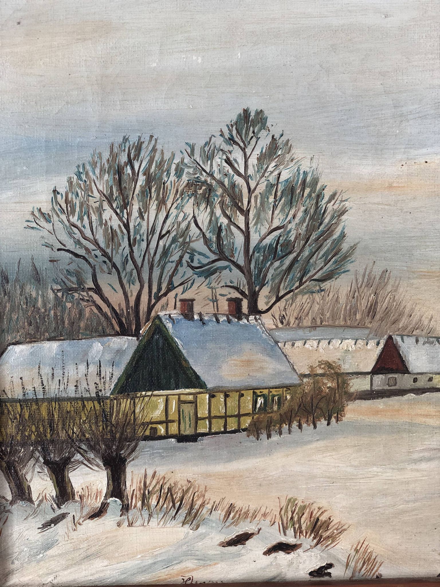 Vintage Original Cottage Oil Painting: Framed Winter Landscape Art