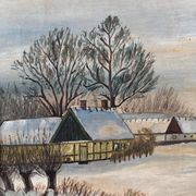 Vintage Original Cottage Oil Painting: Framed Winter Landscape Art