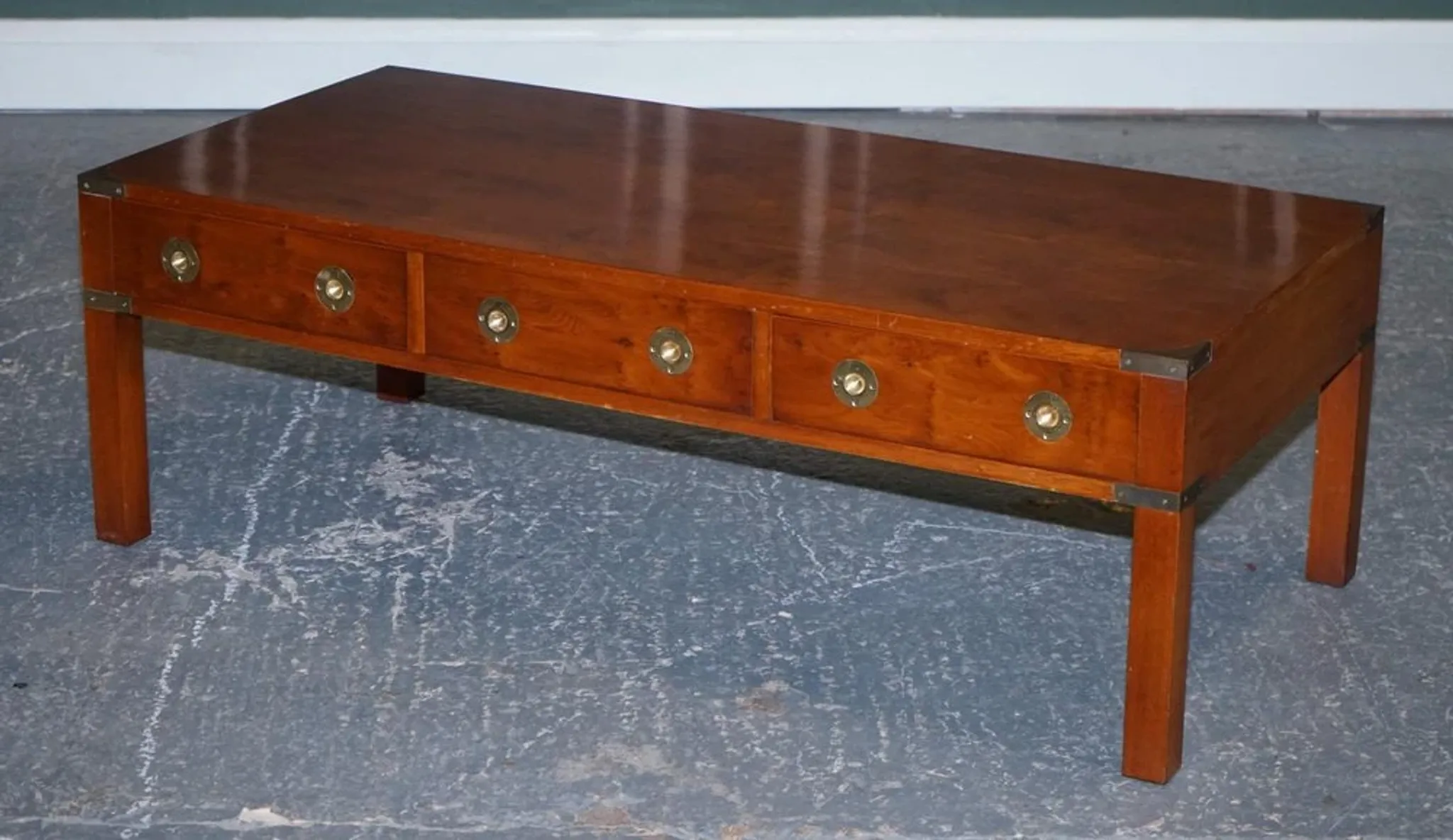 Coffee Table with 3 Drawers Military Campaign in Yew Wood, Elm and Brass, 1950s
