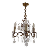 Chandelier en cage en bronze et cristal à 3 lumières Acanthus Art Nouveau français