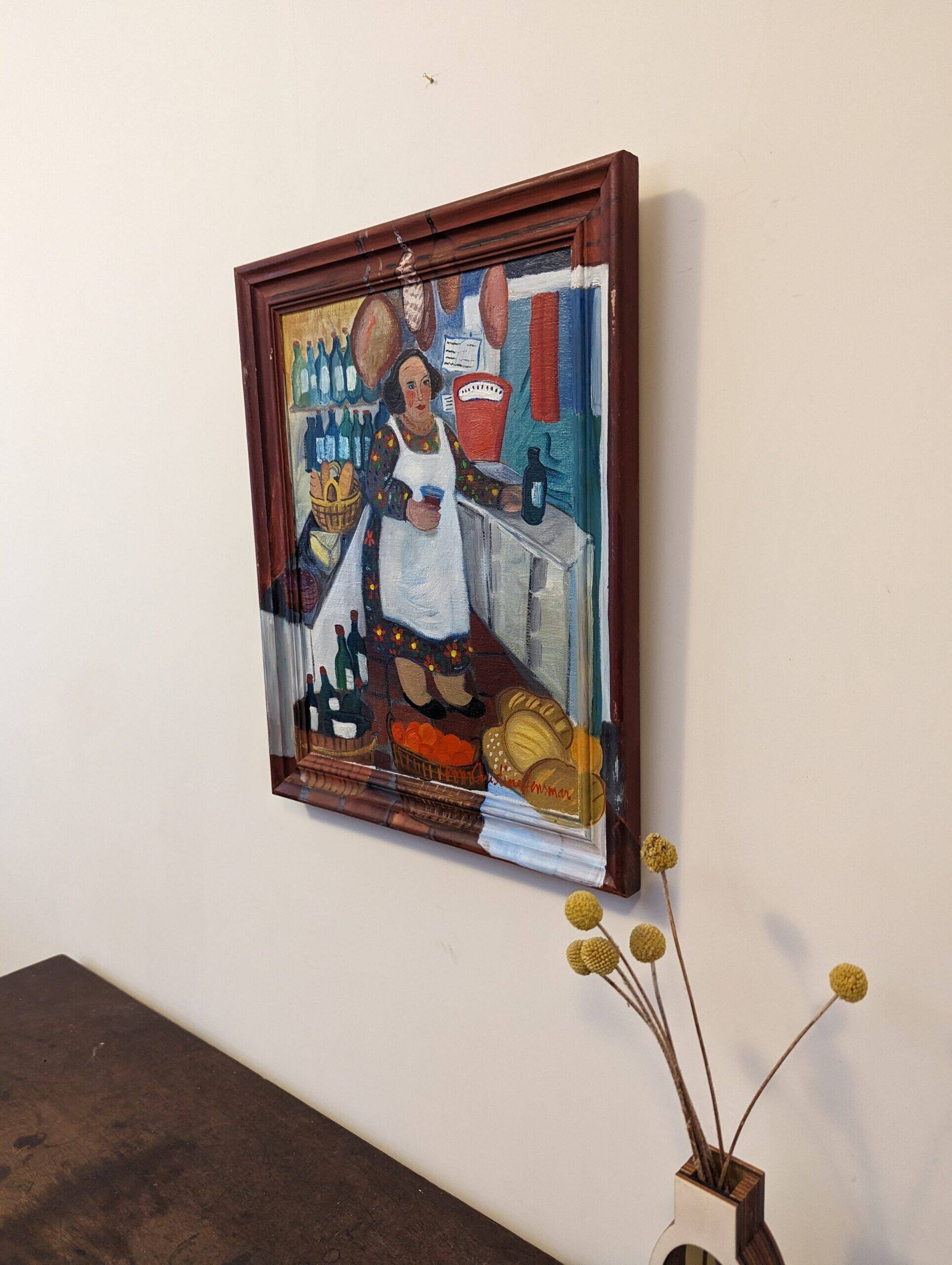 Mid-Century Modern Swedish "The Store" Vintage Figurative Oil Painting, Framed