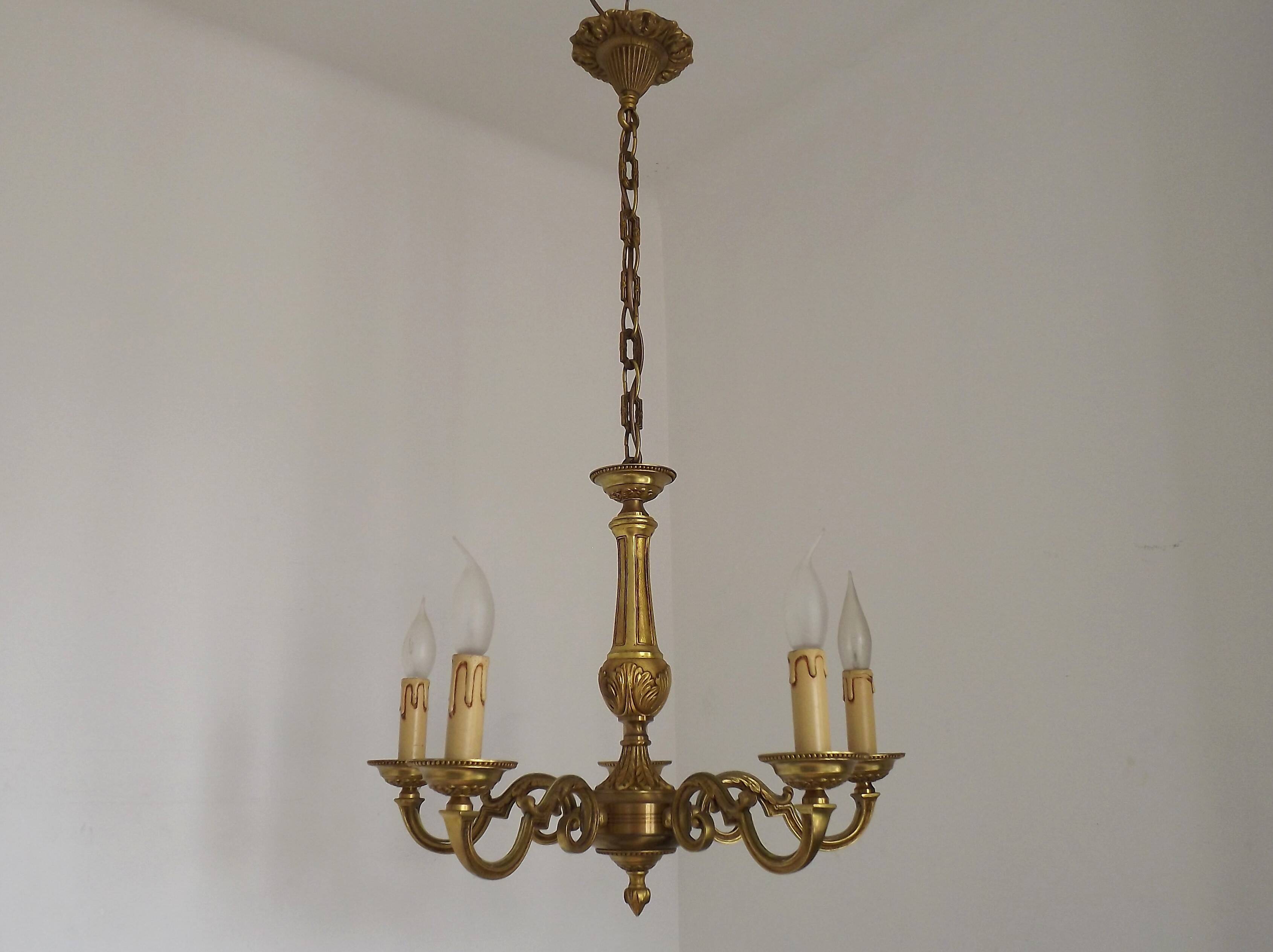 French Vintage Mid-Century Bronze 5-Light Traditional Style Chandelier
