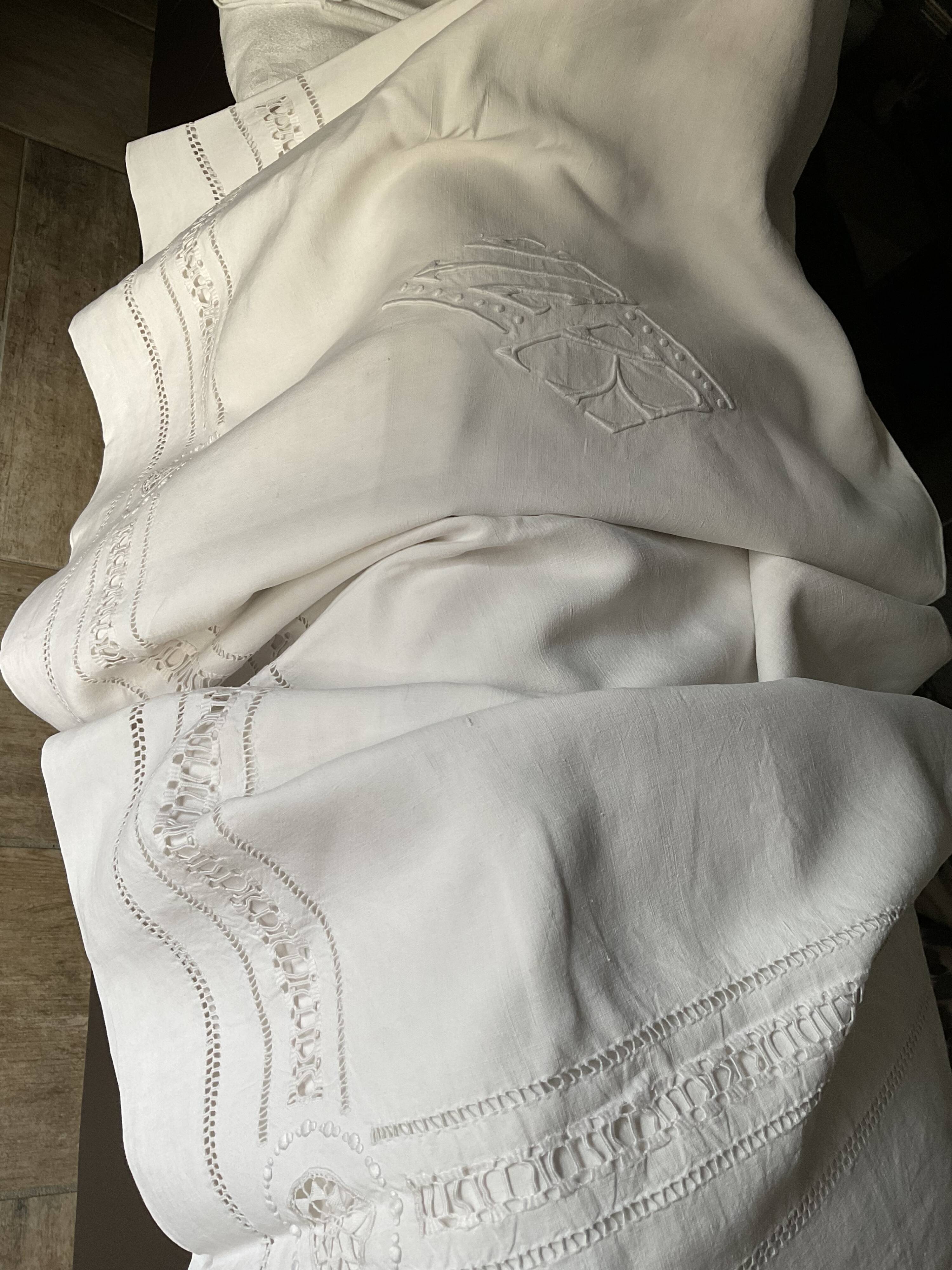 Linen sheet . Old. Monogram M R 207 cm x 300 cm