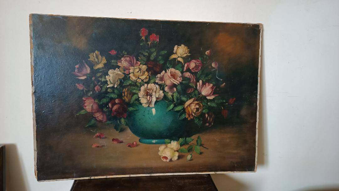 Large oil painting on canvas - Vase with flowers - Still life - Ita