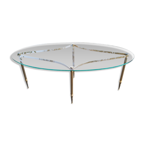 table basse ovale des années 70 plateau en verre piètement en métal doré