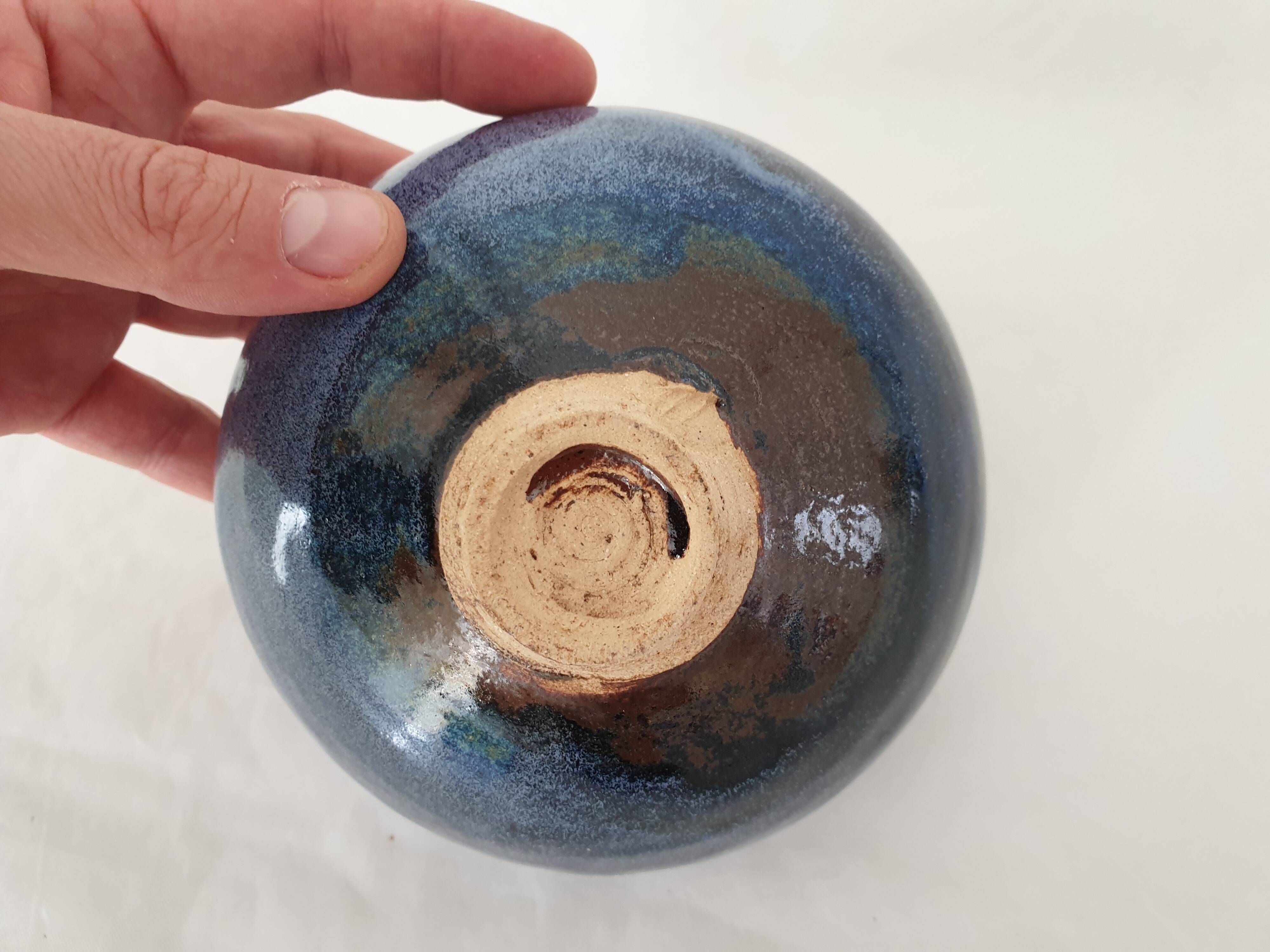 Blue ball vase in enamelled ceramic signed pictogram (Signature to be identified)