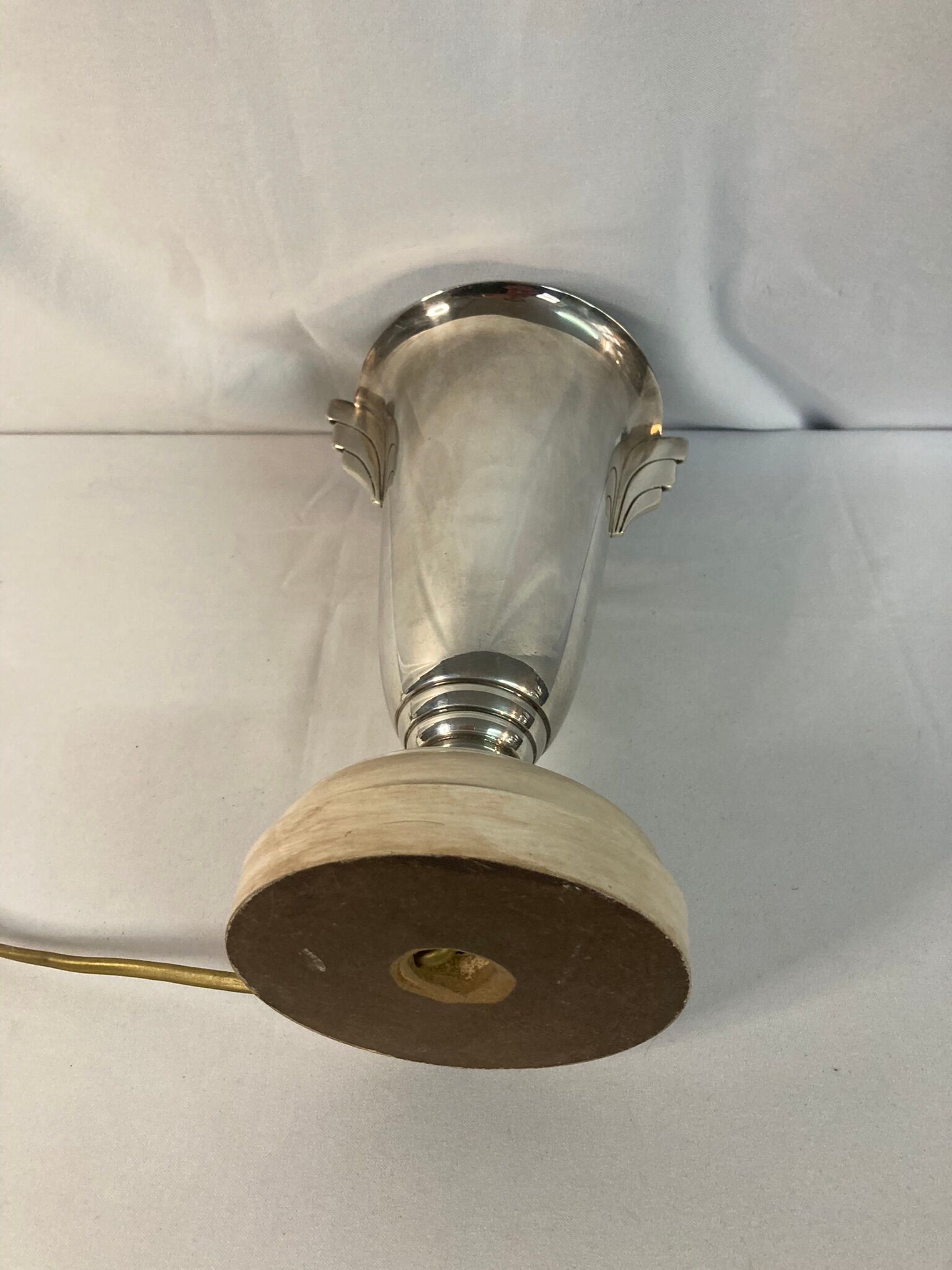 Art Deco, silver metal lamp wood base around 1930