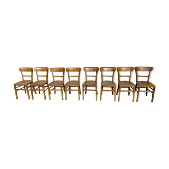 Série Lot de 8 chaises bistrot Luterma  en bois clair Année 1950