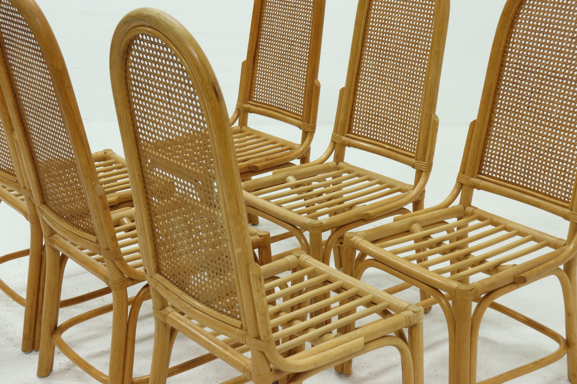 Set of 6 bamboo and webbing dining chairs 1970s