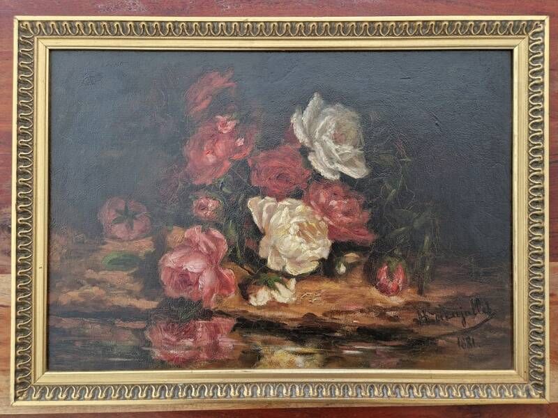 Helène de Lajallet (1858-1946) Oil on canvas - Bouquet of roses - 1881