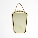 Beautiful small mid-century brass wall mirror with braided hanging strap