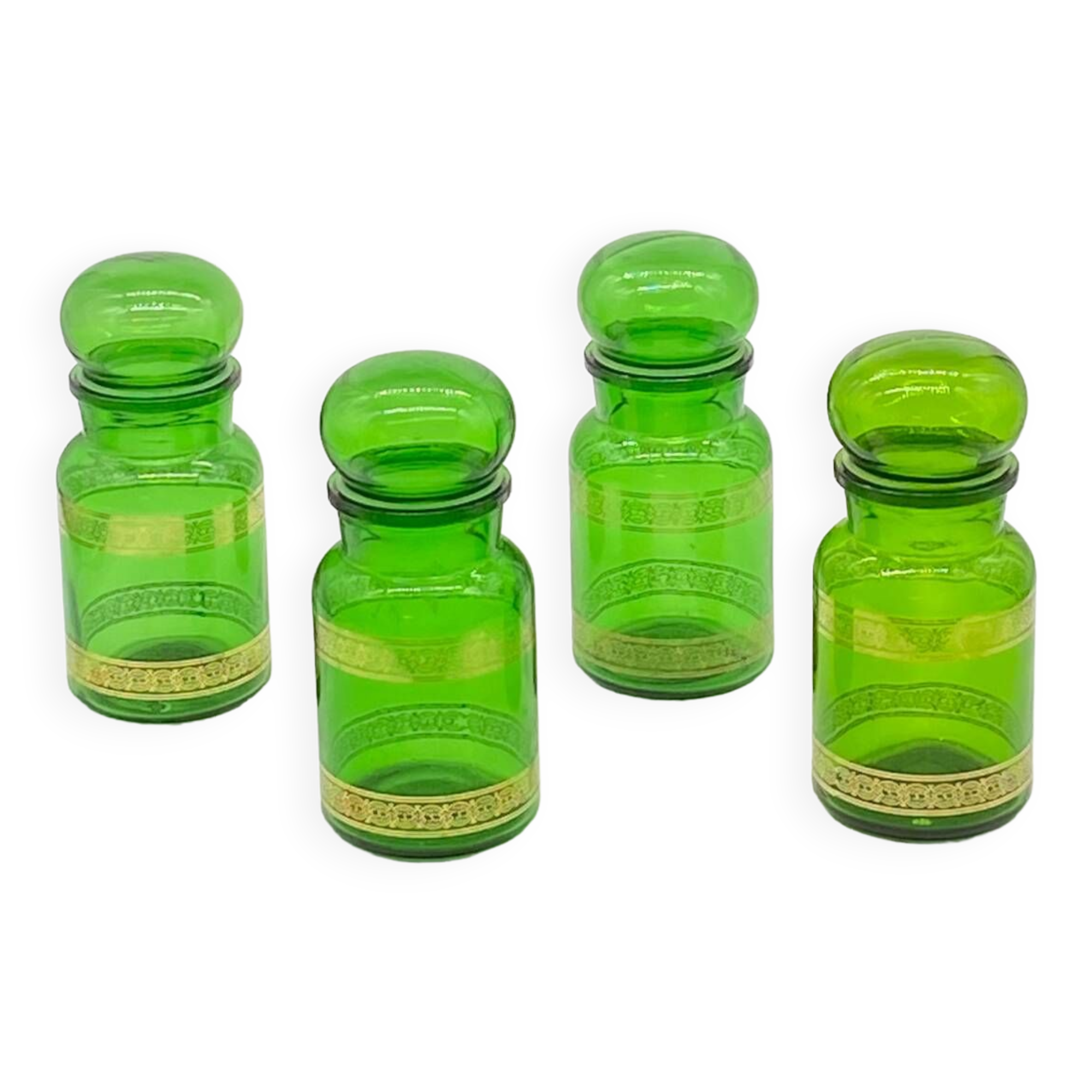 Series of 4 vintage green glass jars, Belgium,