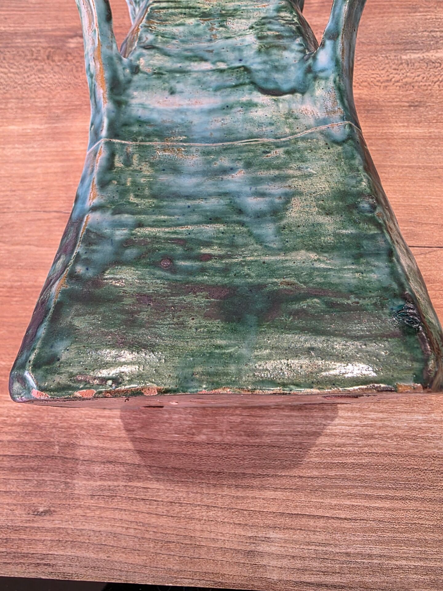 Vintage brutalist ceramic vase with 4 green handles.
