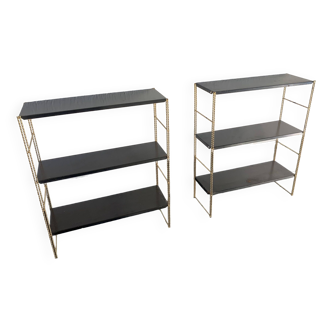 Pair of vintage shelves 1960 black gold string - 49 x 58 cm