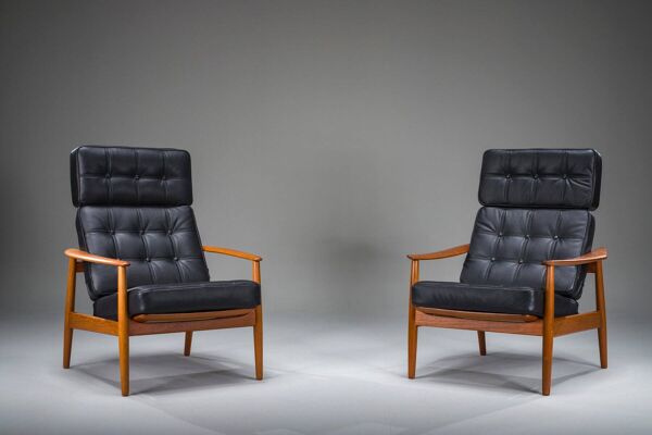 Fauteuil avec structure modèle FD 164 d'Arne Vodder et accoudoirs modèle 118 de Grete Jalk en teck et cuir noir, Danemark, années 1960