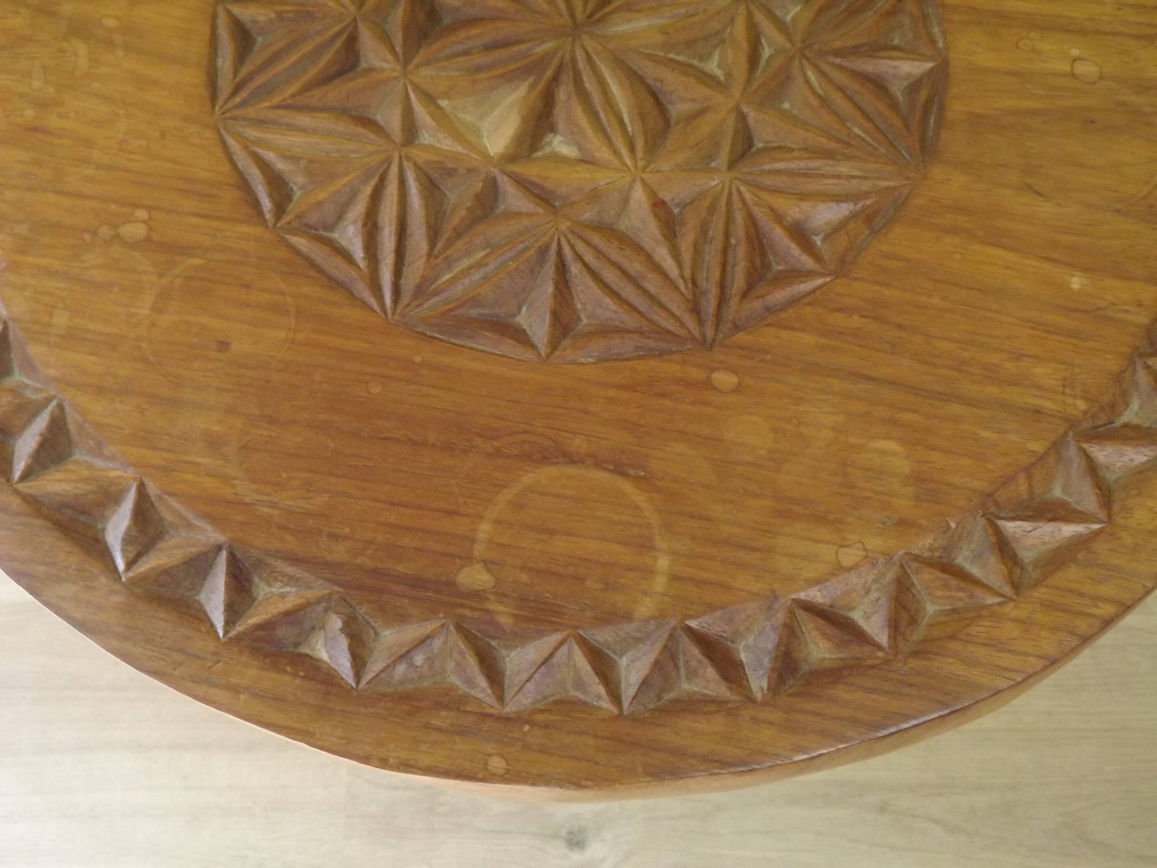 Carved African Hardwood Occasional Table with Geometric Top and Interlocking Legs