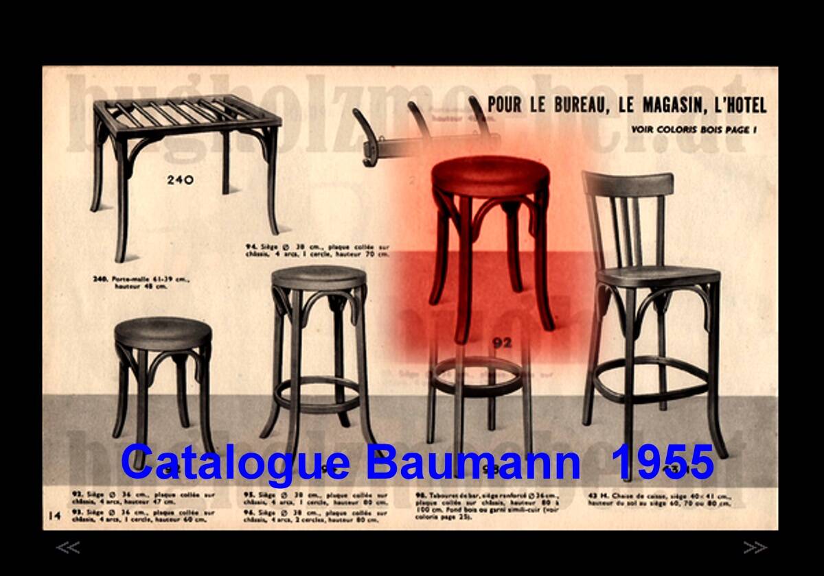Baumann low stool, circa 1950/60, leatherette seat, curved wood