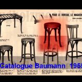 Baumann low stool, circa 1950/60, leatherette seat, curved wood