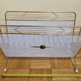 Vintage "Cavalier" magazine rack in white perforated metal and rattan