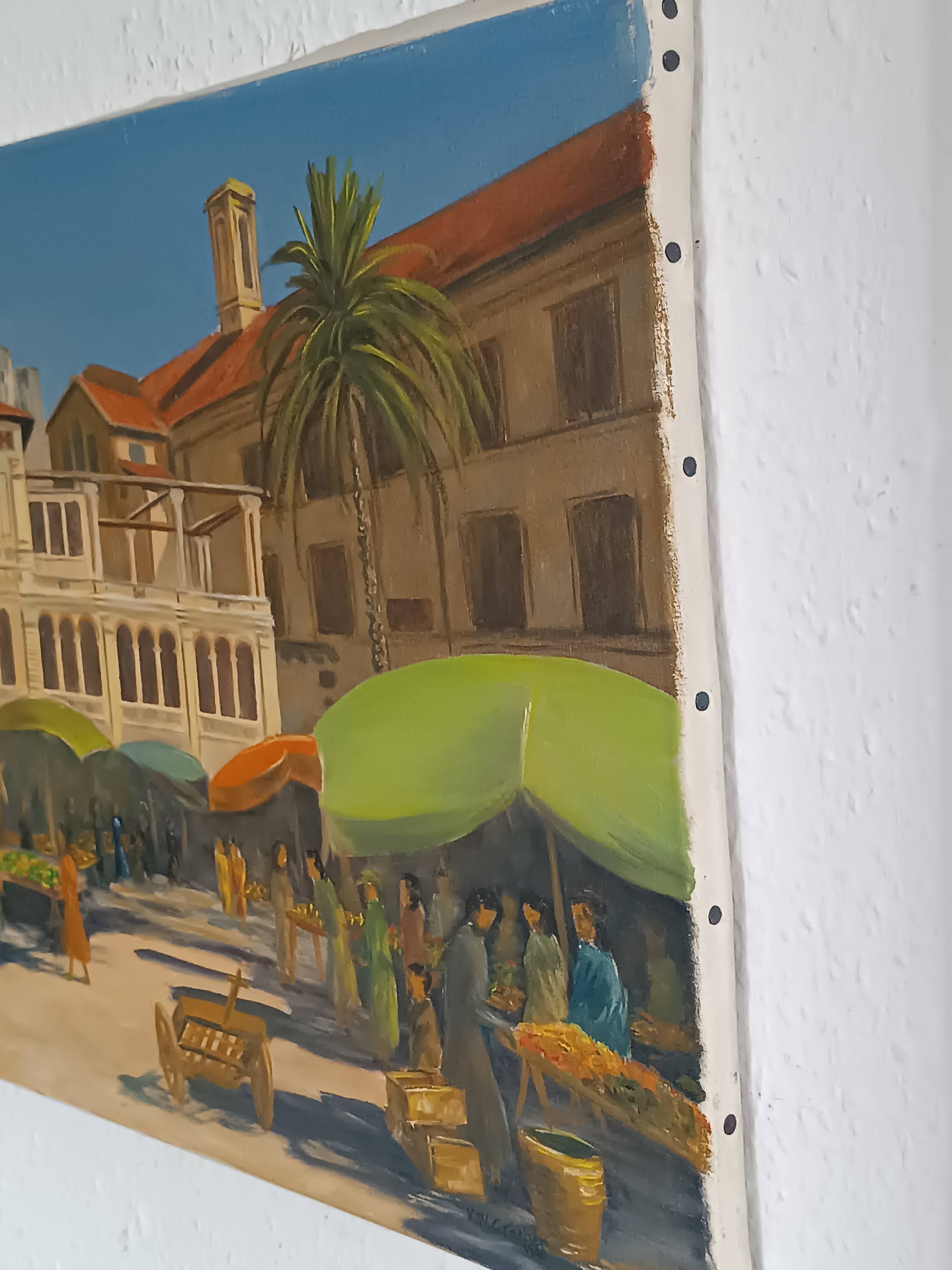 Original oil painting, Provençal market in Nice, France, Grether, 1948