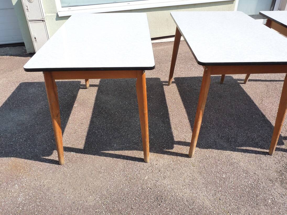 set of 3 vintage white Formica and wood tables