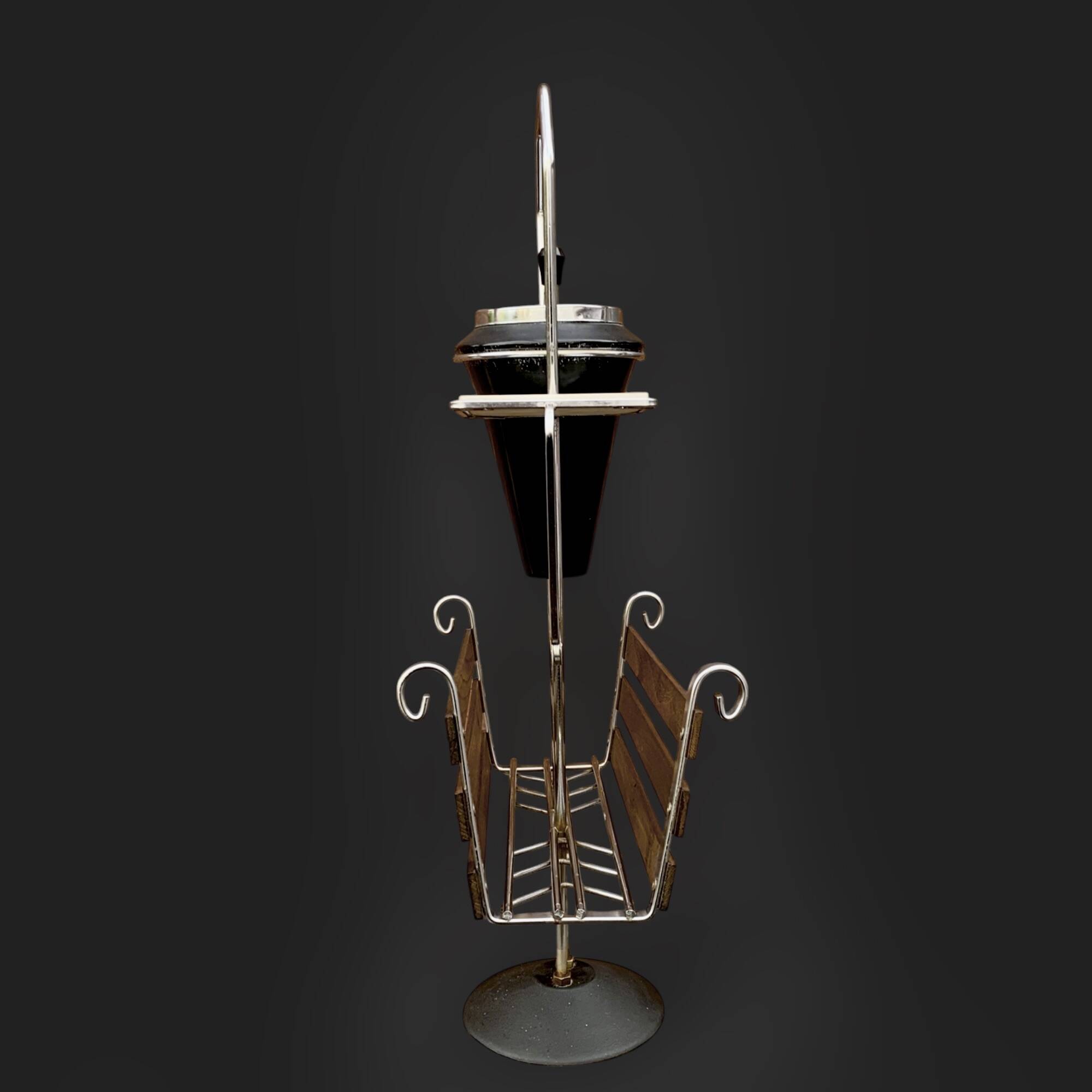 : Multifunctional magazine rack from the 50s-60s in chrome-plated metal and solid wood