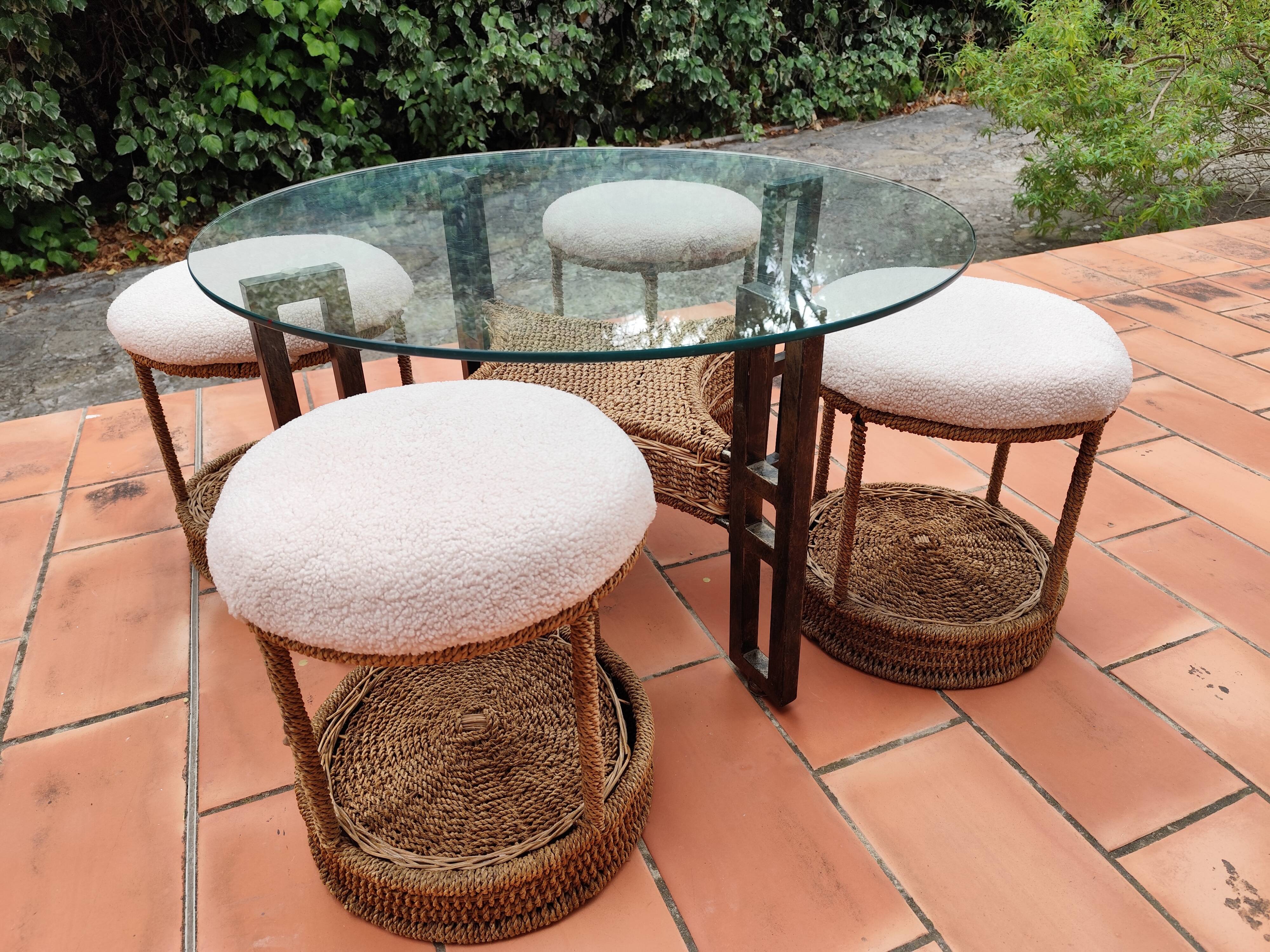 Vintage 1970s rope & rattan coffee table and 4 stools
