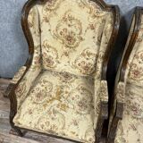 Large pair of Louis XVI style carved wooden wingback armchairs