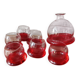 Vintage red designer glasses and carafe set, tumbler glass base