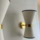 Pair of vintage wall lamps, solid brass and unbleached fabric, Italy 1980