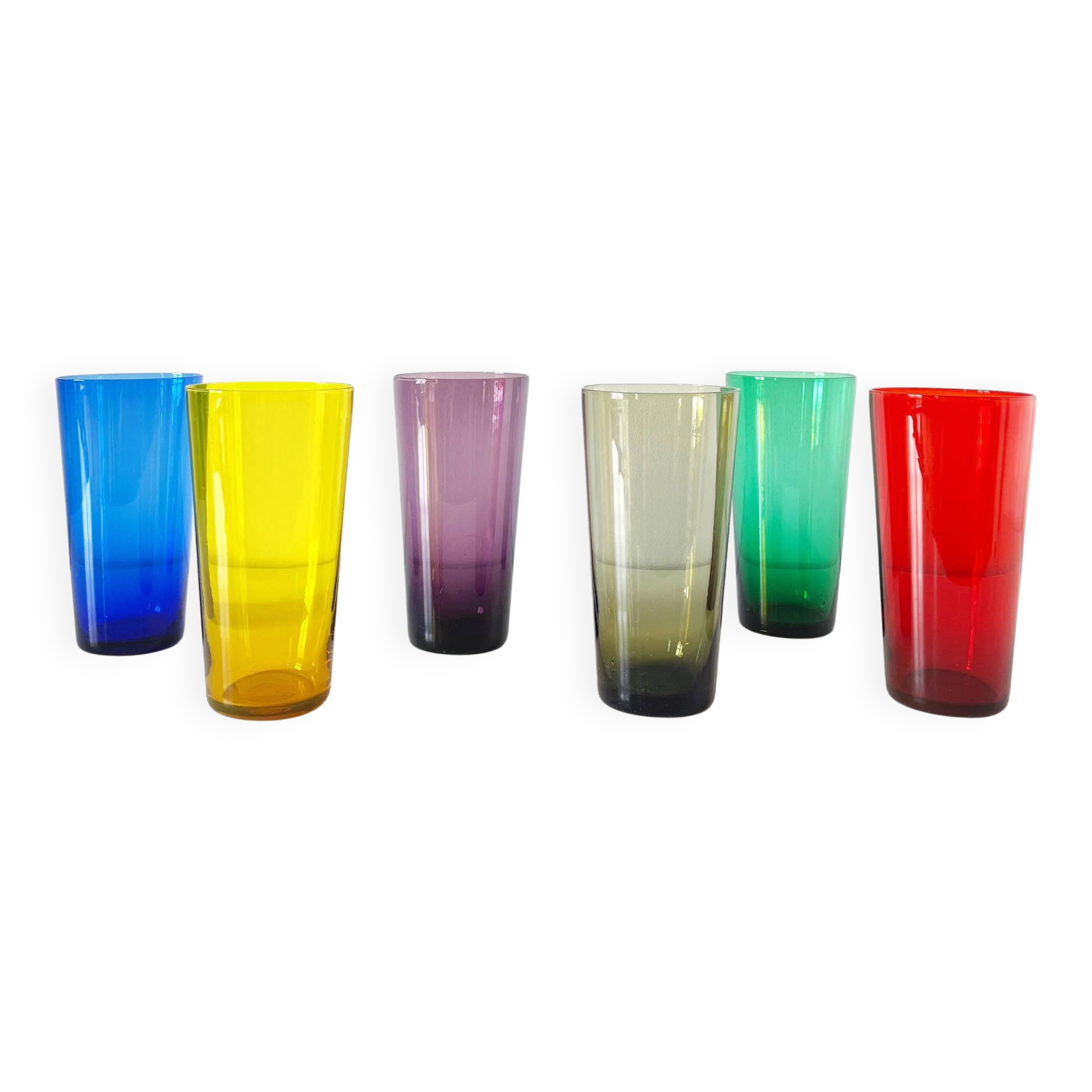 Lot de 6 verres colorés en verre soufflé 1960