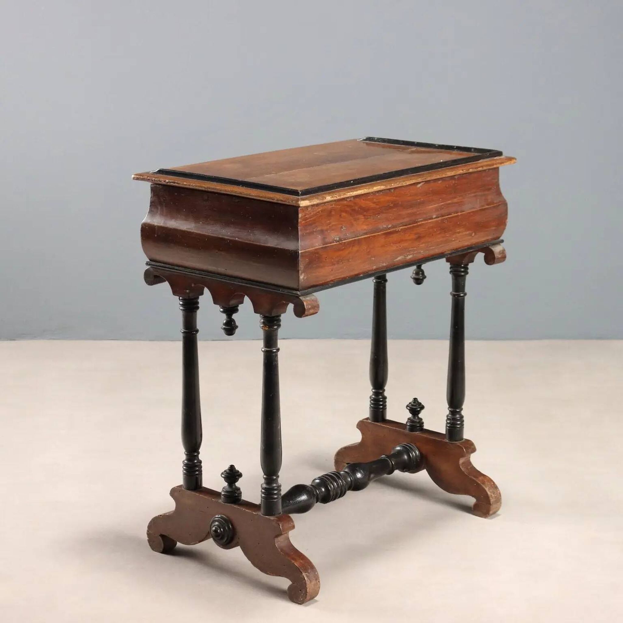 Antique sewing table in painted poplar with walnut effect, Italy, late 19th century.
