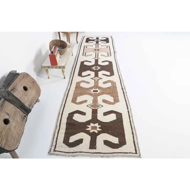 Vintage Turkish Oushak Handmade Wool Cotton White Runner Rug 99x390