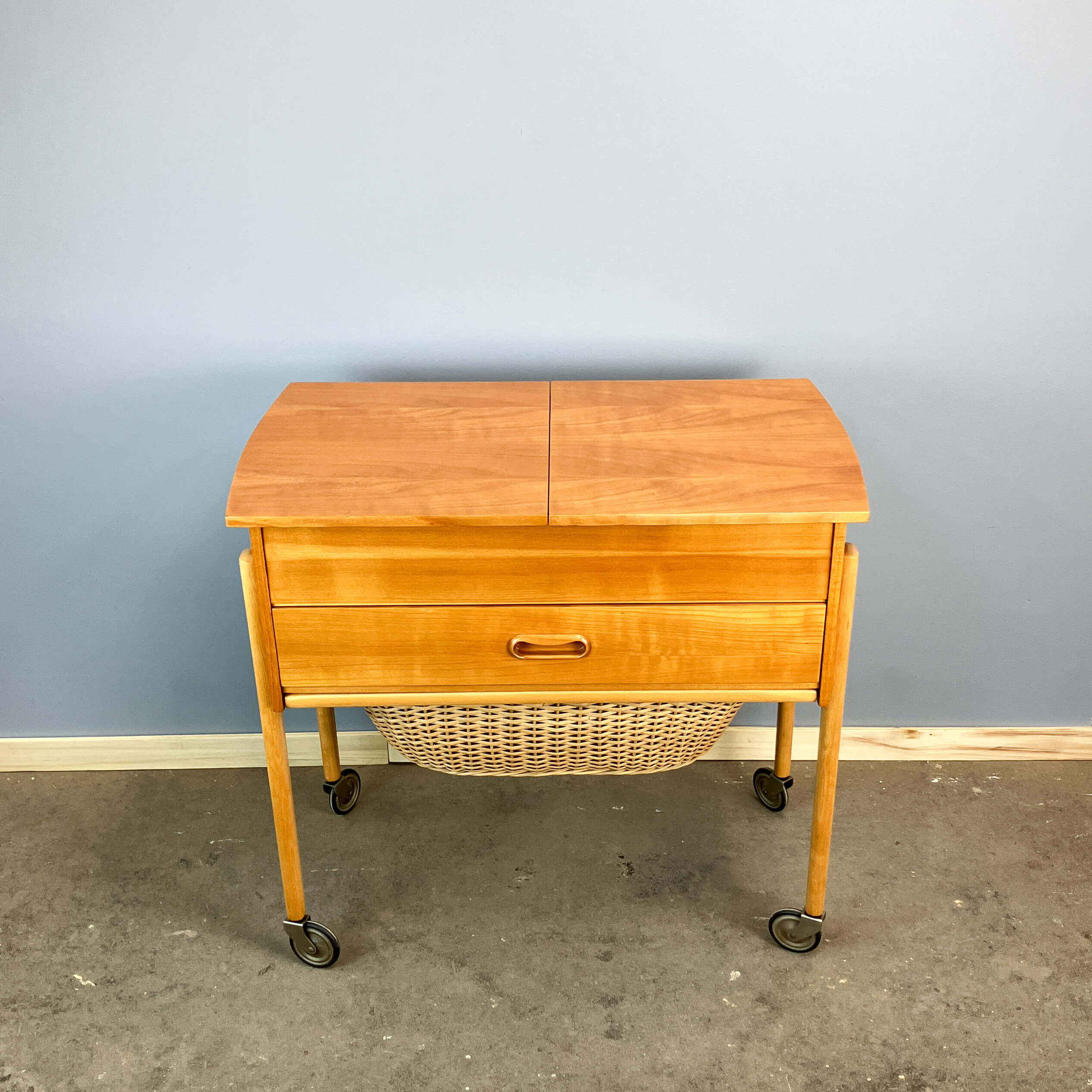 Wheeled sewing box, pear wood, beech, wicker, 1960s