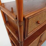 Large vintage rattan, wood and cane bookcase from the 70s