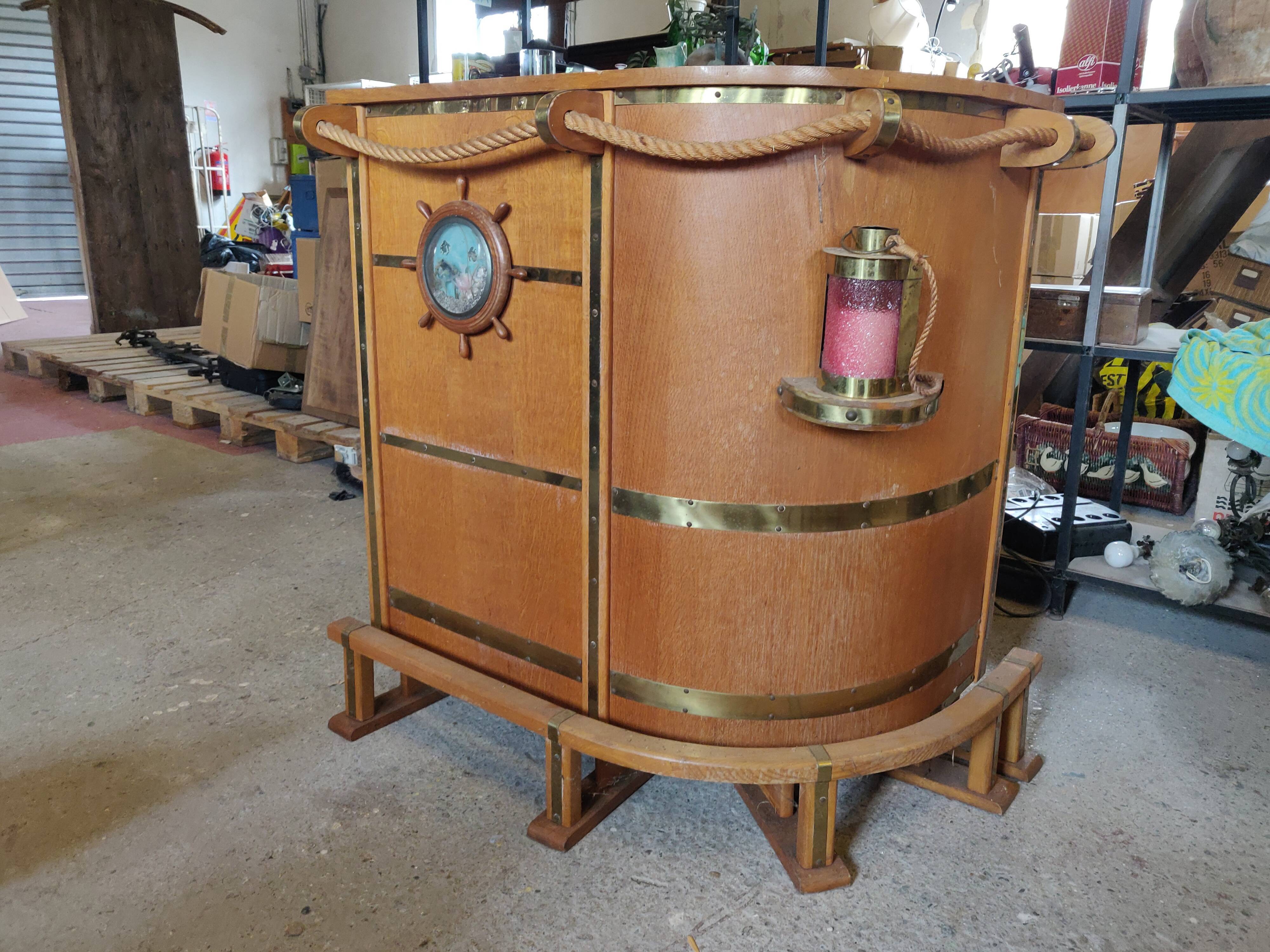 Oak corner bar and 2 stools vintage marine theme