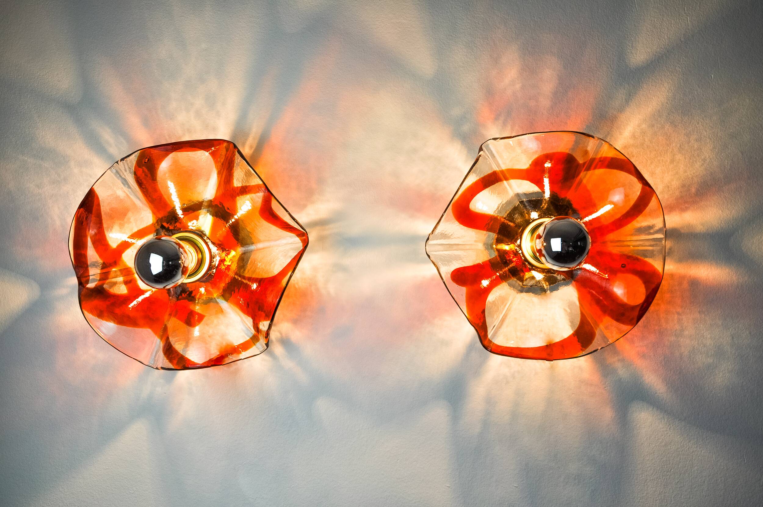 Pair of Fleur wall lights by Murina, orange Murano glass, Italy, 1970