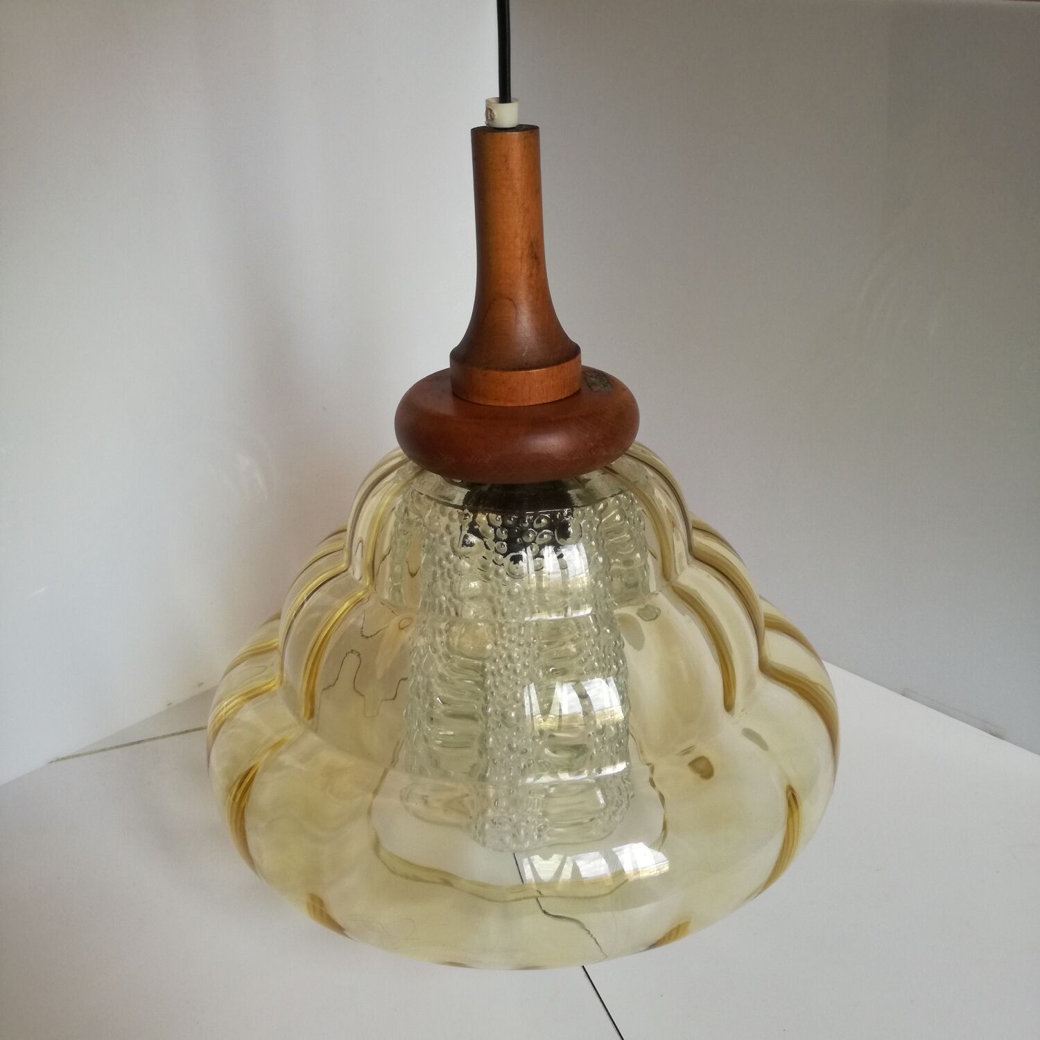 Scandinavian jellyfish pendant lamp in glass and wood 1970
