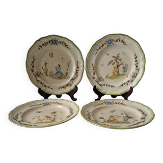 4 large Moustiers Longchamp plates. Hand-painted. May 1986
