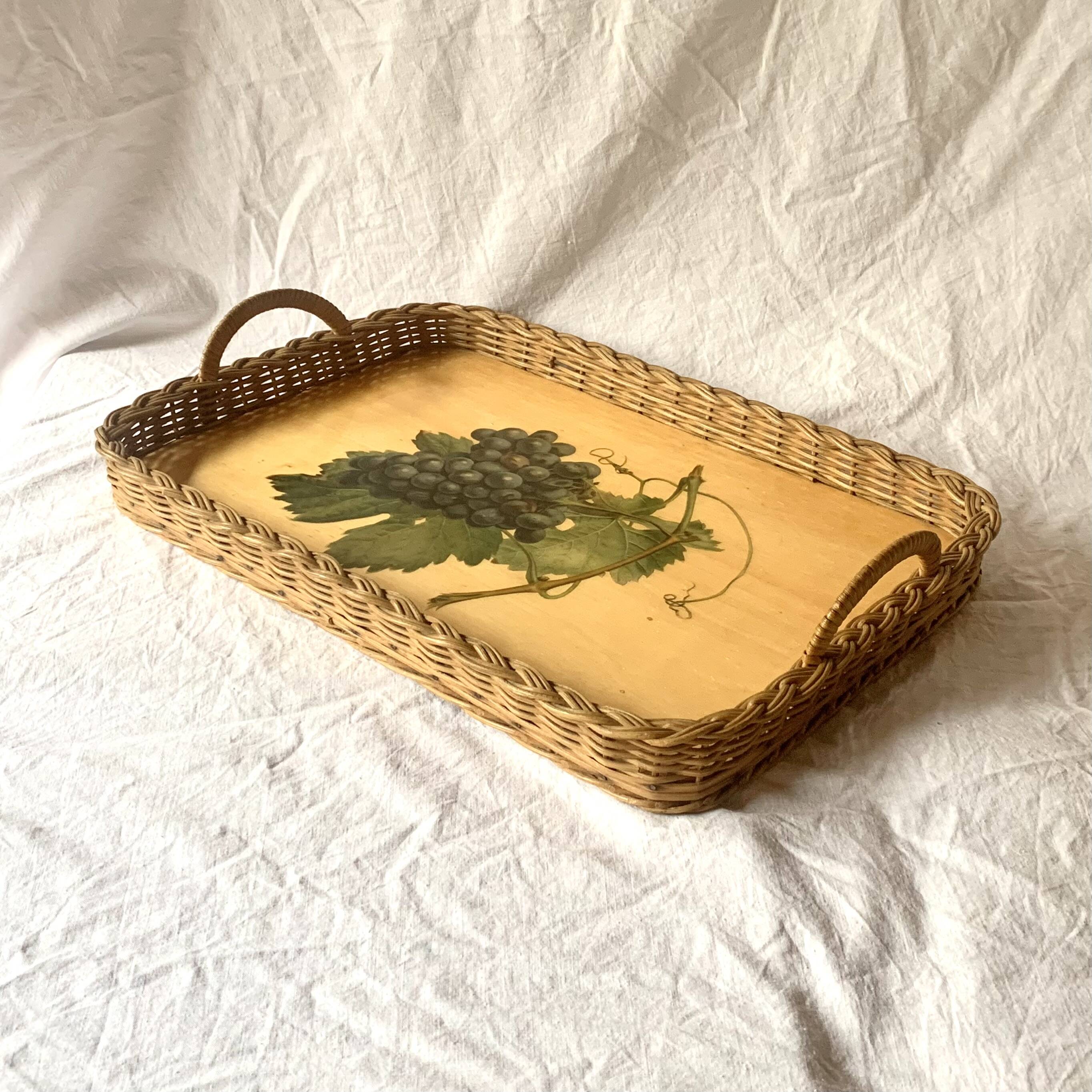 Vintage rattan and varnished wood tray - grape cluster decor