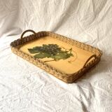 Vintage rattan and varnished wood tray - grape cluster decor