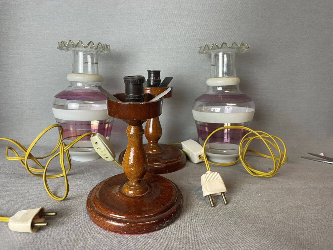 Portuguese Farmhouse rustic wooden table lamps with torch glass shades, 1970s, Set of 2