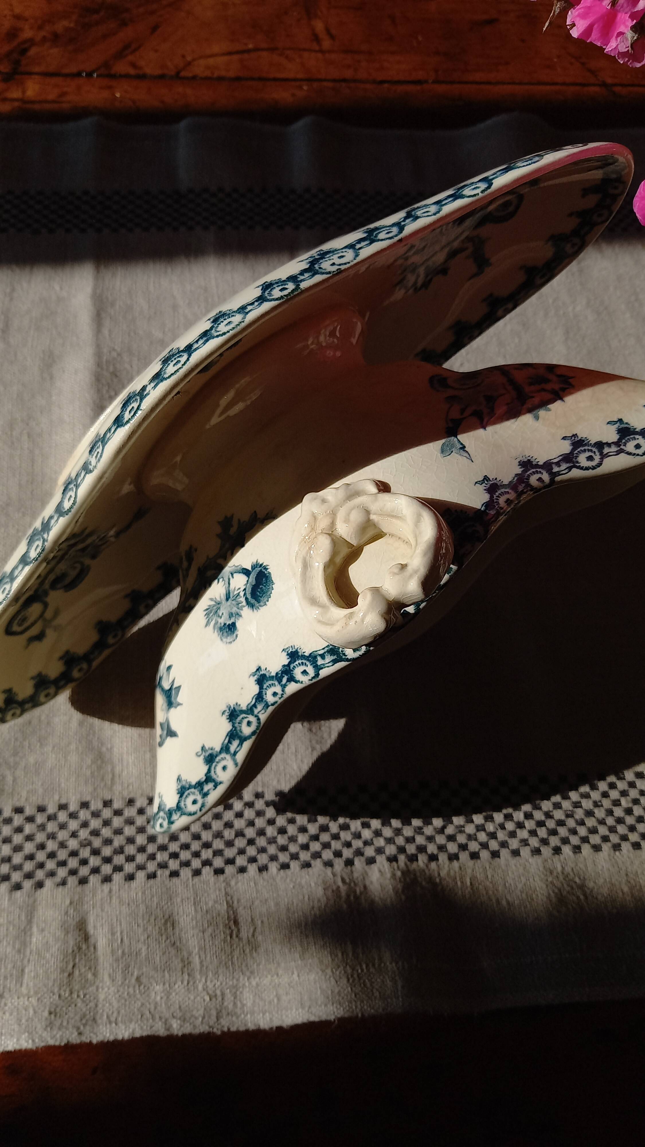 Old gravy boat on frame in terre de fer earthenware by gien, “chardons” model in blue-green