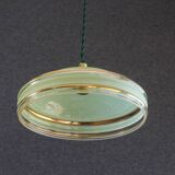 Suspension ancienne années 40 en verre granité vert avec filets dorés, douille et cable neufs