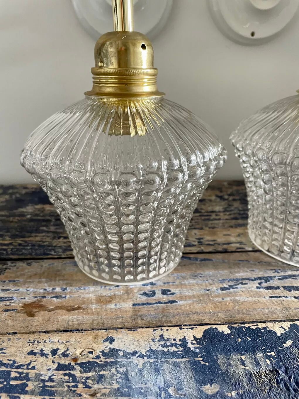 Pair of vintage electrified glass wall lamps