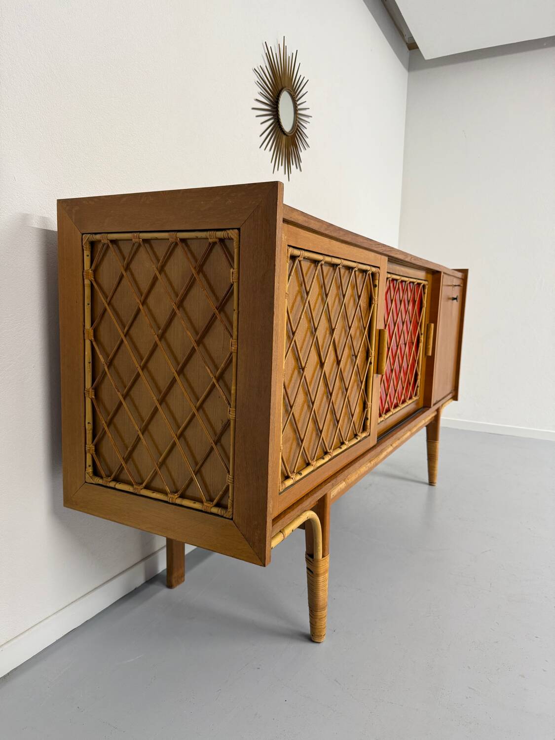 Antique French vintage 50s design wooden and rattan sideboard