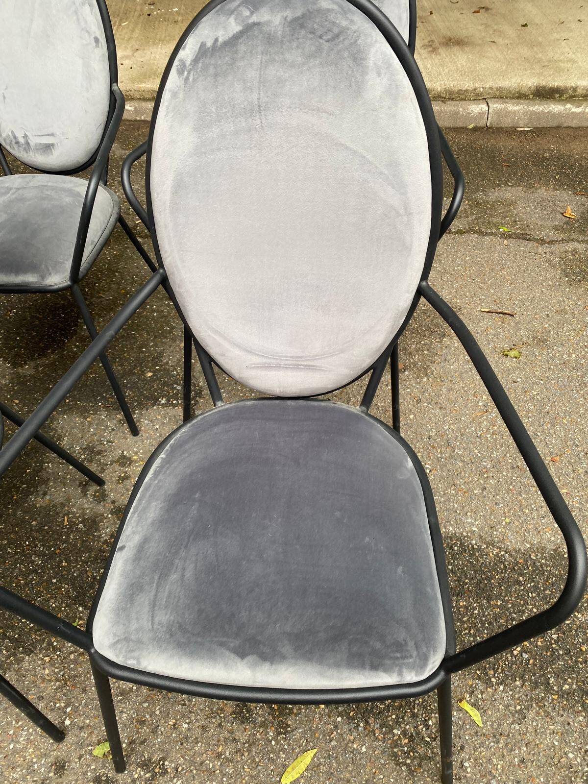6 black and grey velvet medallion dining chairs with armrests